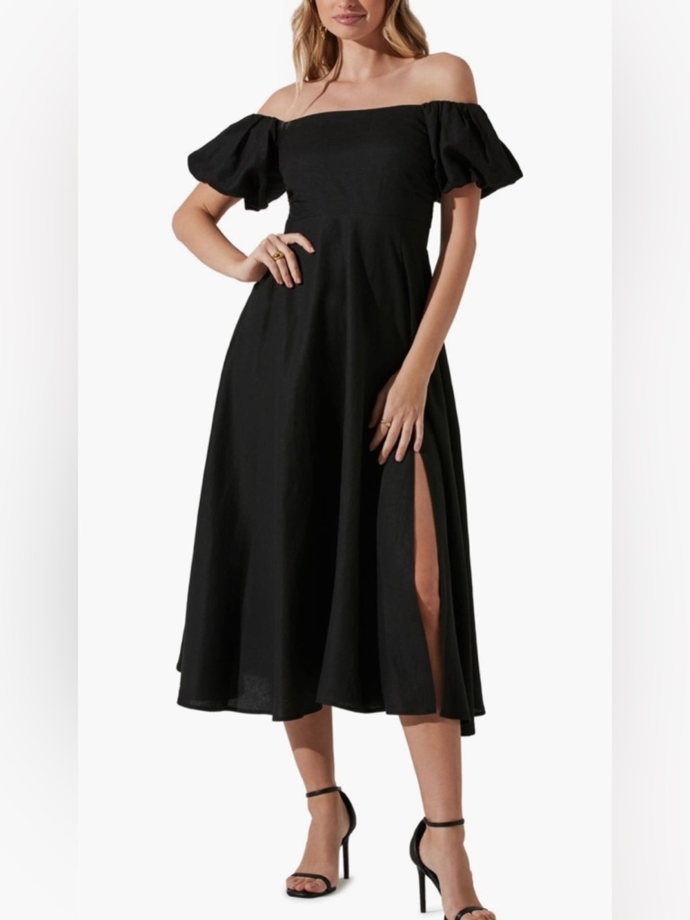 ASTR the Label Black Off the Shoulder Midi Dress A-Line Slit Puff Sleeve Sz S